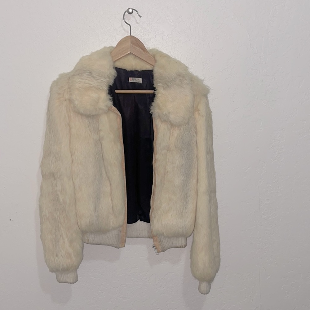Vintage Cream and Grey Striped Rabbit Fur Bomber Jacket